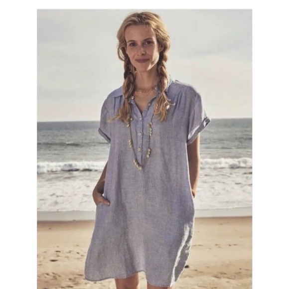 Faherty Linen Hana Dress Blue Basket Weave Medium Shift pockets relaxed - Picture 2 of 9